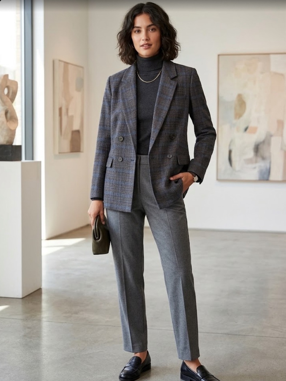 Madewell Gray-Blue Checked Double-Breasted Blazer